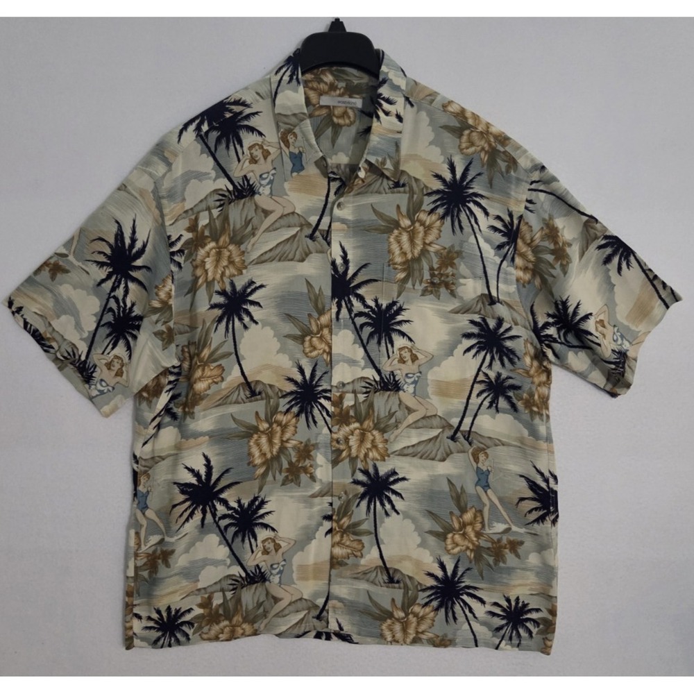 East Island Mens Hawaiian Shirt Button Up Girls Hula Tropical Rayon Camp Beige